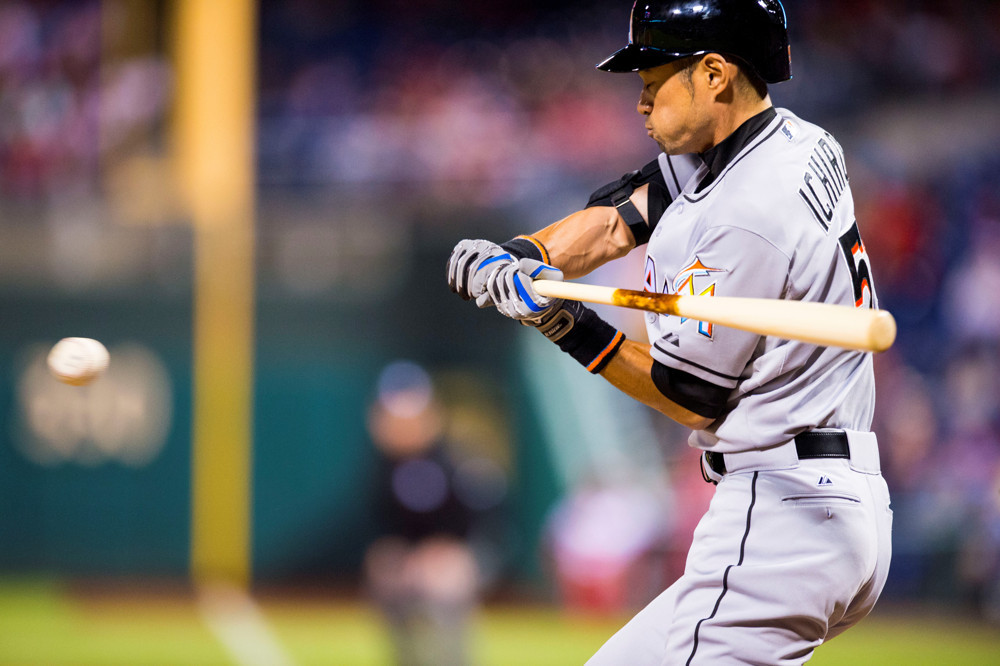 21 Apr 2015: Miami Marlins left fielder Ichiro Suzuki (51) swings at the pitch during the MLB game between the Miami Marlins and the Philadelphia Phillies played at the Citizens Bank Park in Philadelphia, PA