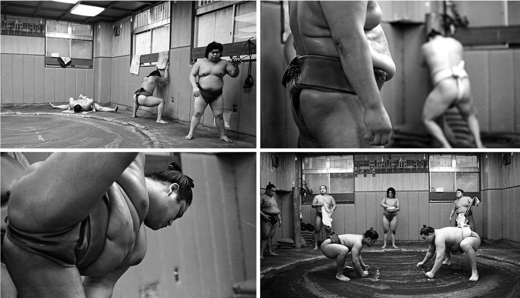 Hakuho and fellow sumo wrestlers train.