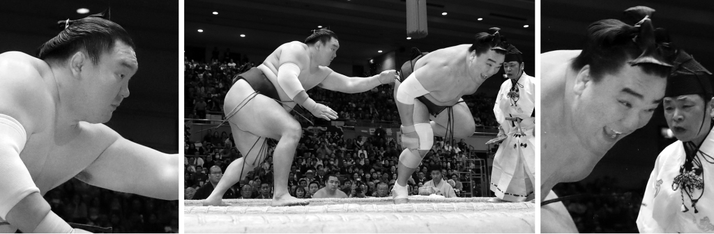 Hakuho and Harumafuji one second after the start of their bout in March.