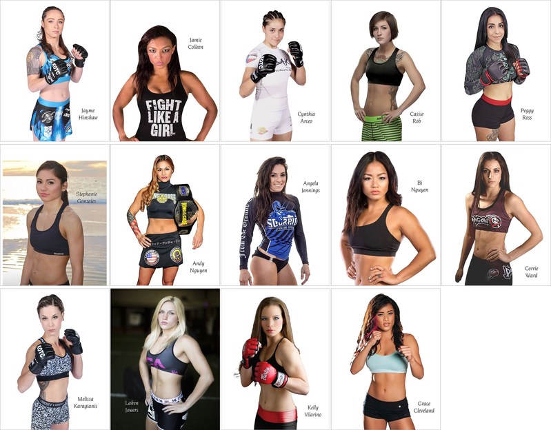 Photos of Women's MMA Fighters at King of the Cage, from top-left: Jayme Hinshaw, Jamie Colleen, Cynthia Arceo, Cassie Robb, Peggy Ross, Stephanie Gonzales, Andy Nguyen, Angela Jennings, Bi Nguyen, Corrie Ward, Melissa Karagianis, Laken Jowers, Kelly Vilarino, and Grace Cleveland.